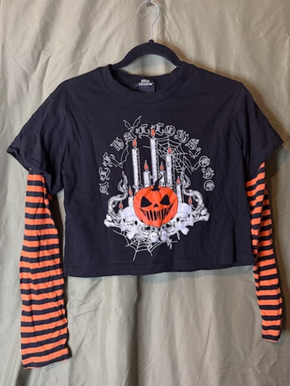 Social Collision-Long sleeve, black and orange, crop top. Fun spooky vibes